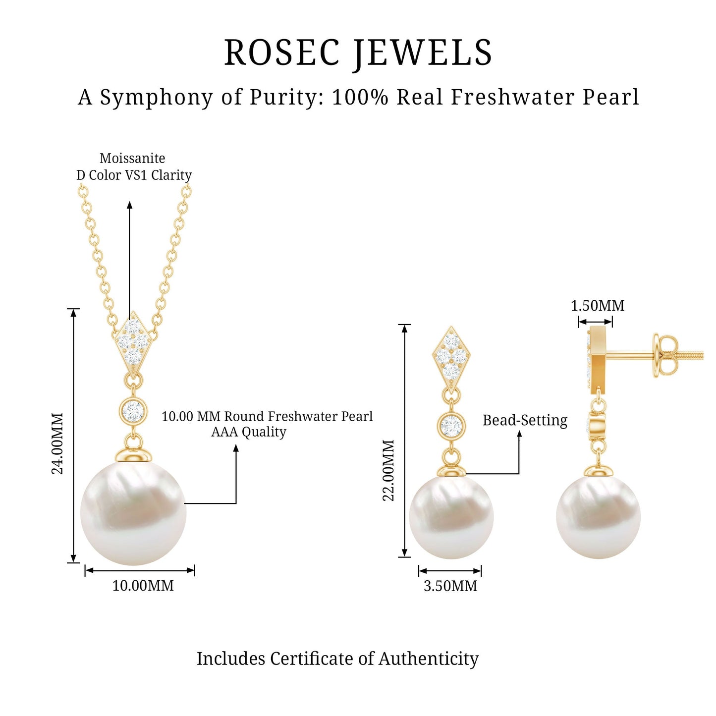 Freshwater Pearl Simple Dangle Drop Pendant and Earrings Set with Diamond