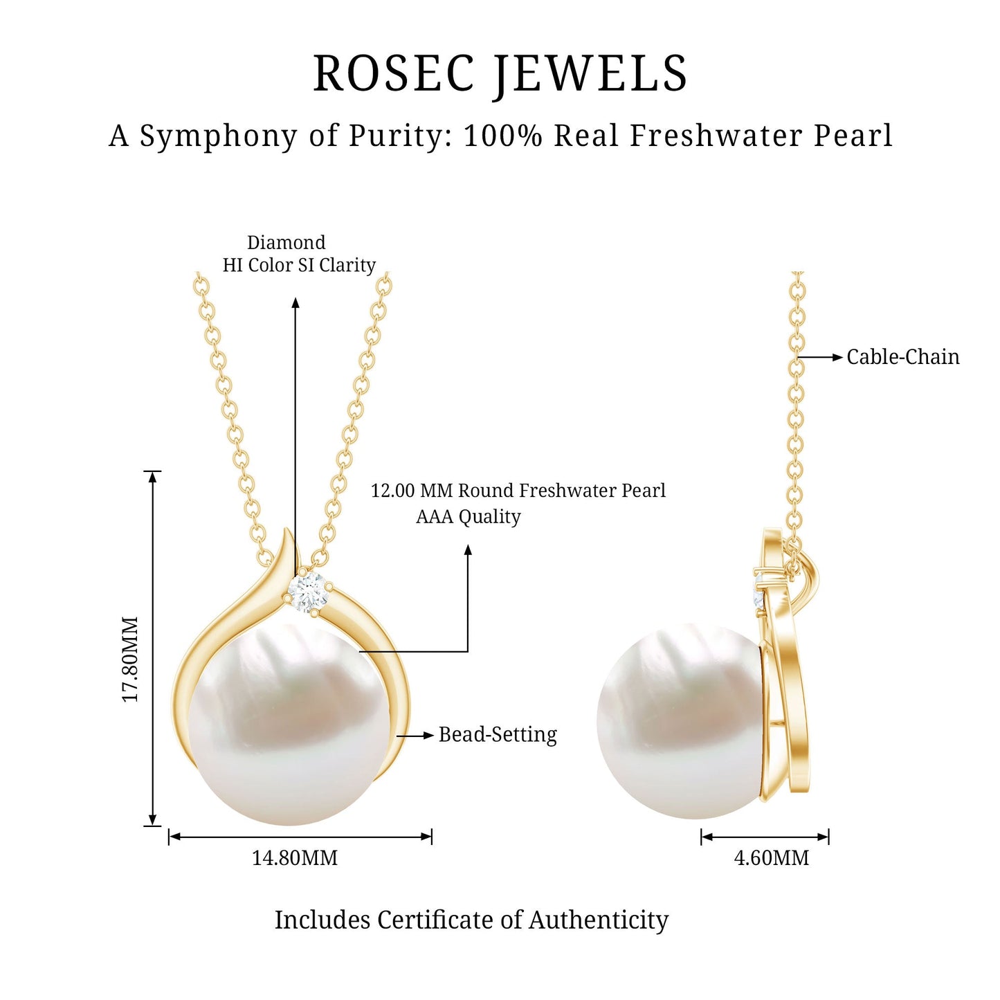 11 Carat White Pearl Solitaire Necklace with Diamond