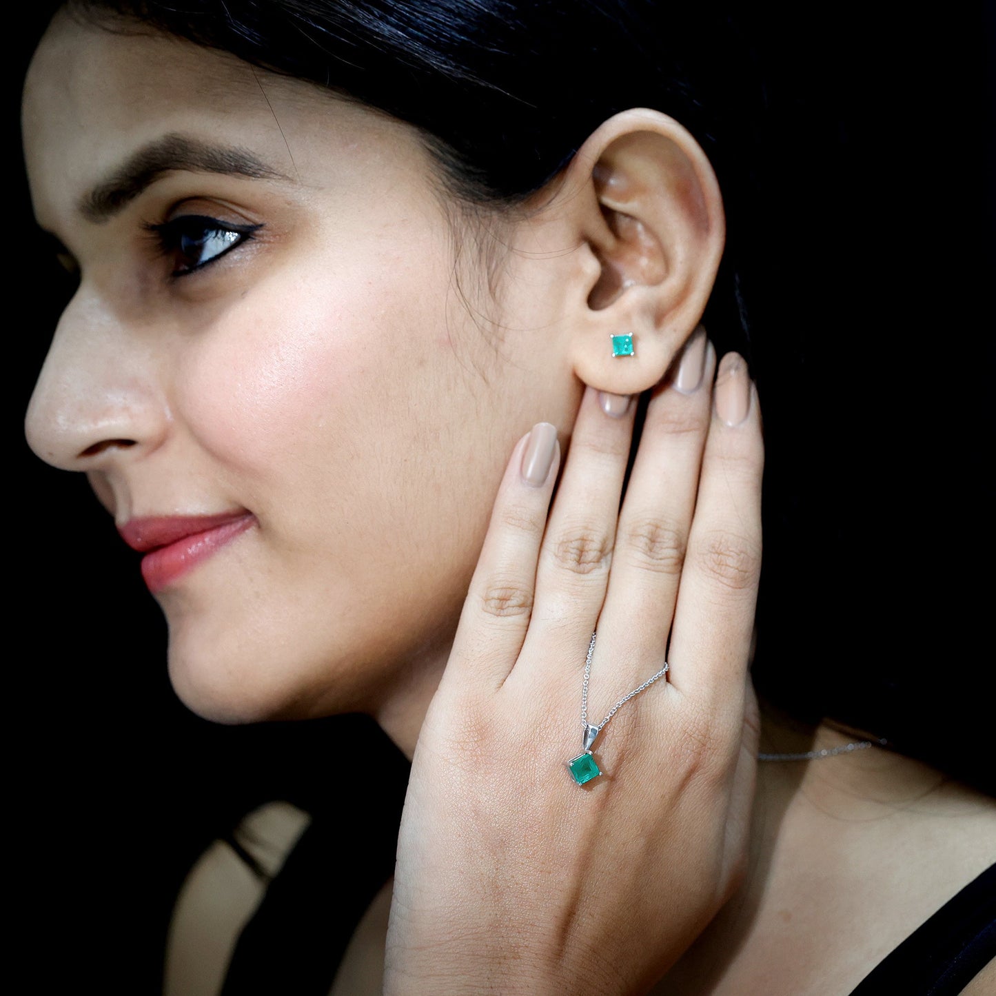 Natural Princess Cut Emerald Solitaire Jewelry Set
