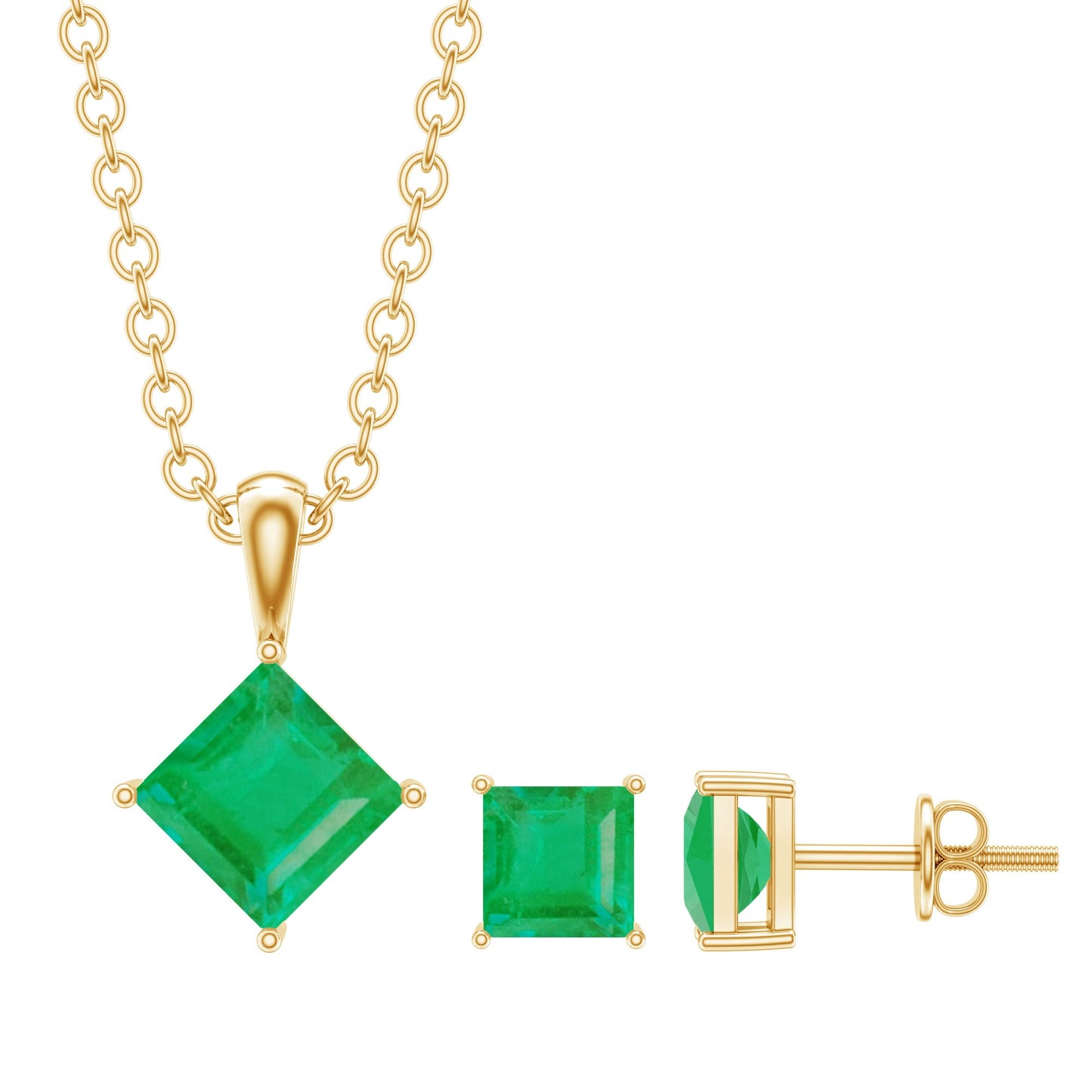 Natural Princess Cut Emerald Solitaire Jewelry Set