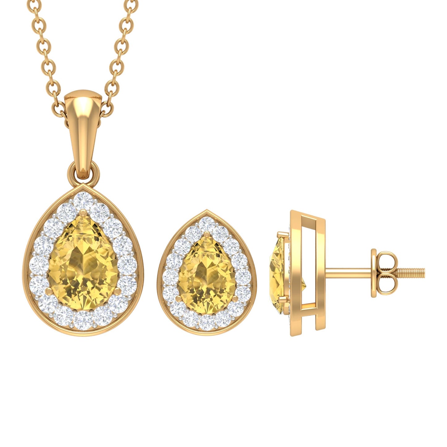 Natural Citrine Teardrop Necklace and Earrings Set with Diamond Halo