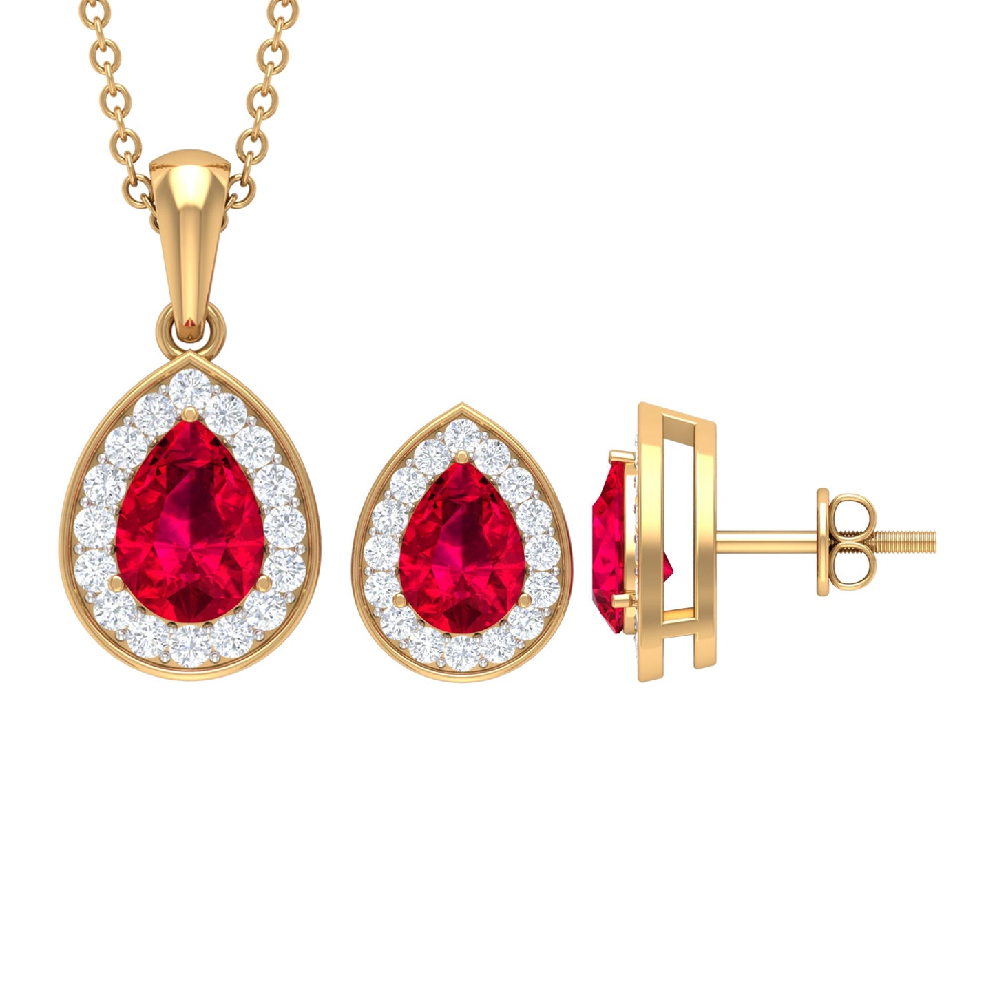 Lab Created Ruby Teardrop Jewelry Set with Moissanite Halo