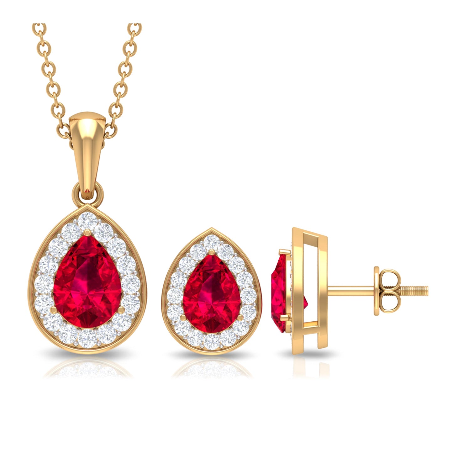 Lab Created Ruby Teardrop Jewelry Set with Moissanite Halo