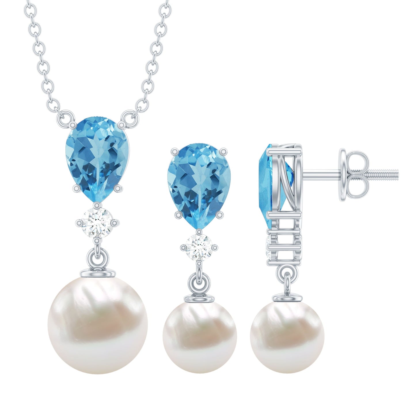 Swiss Blue Topaz and Diamond Jewelry Set with Freshwater Pearl Drop