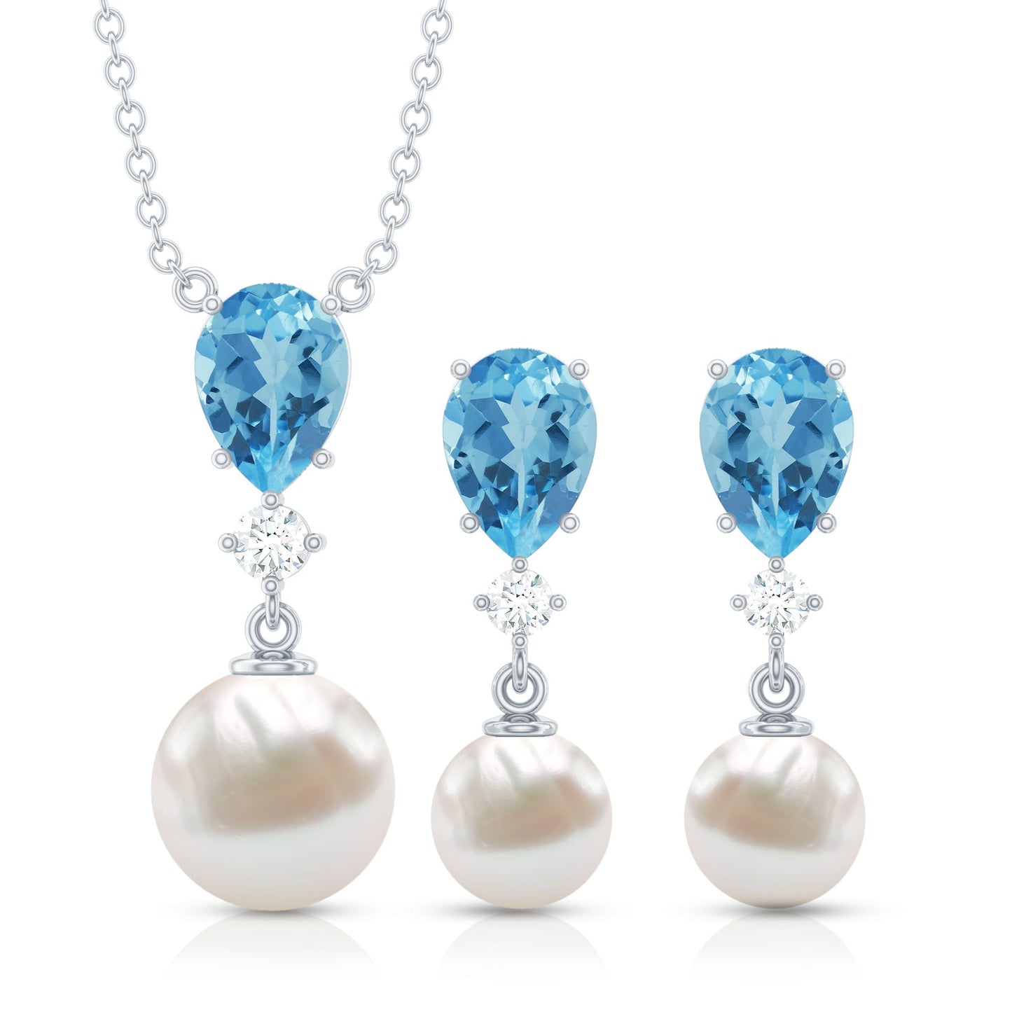 Swiss Blue Topaz and Diamond Jewelry Set with Freshwater Pearl Drop