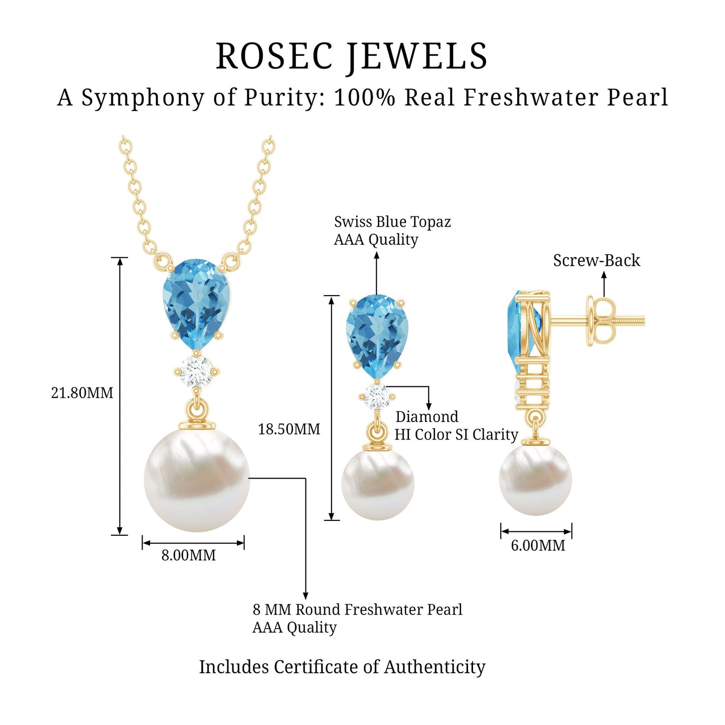 Swiss Blue Topaz and Diamond Jewelry Set with Freshwater Pearl Drop