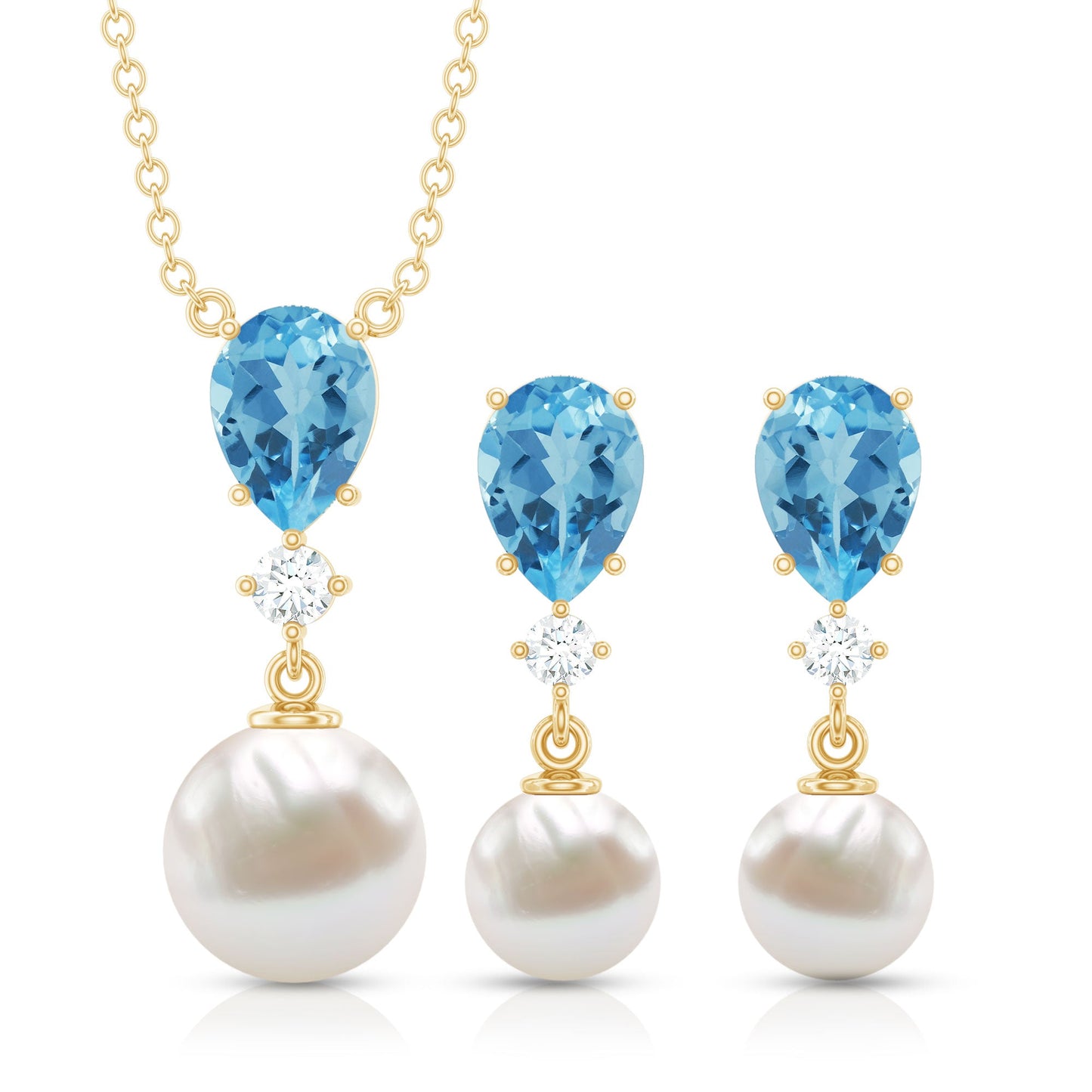 Swiss Blue Topaz and Diamond Jewelry Set with Freshwater Pearl Drop