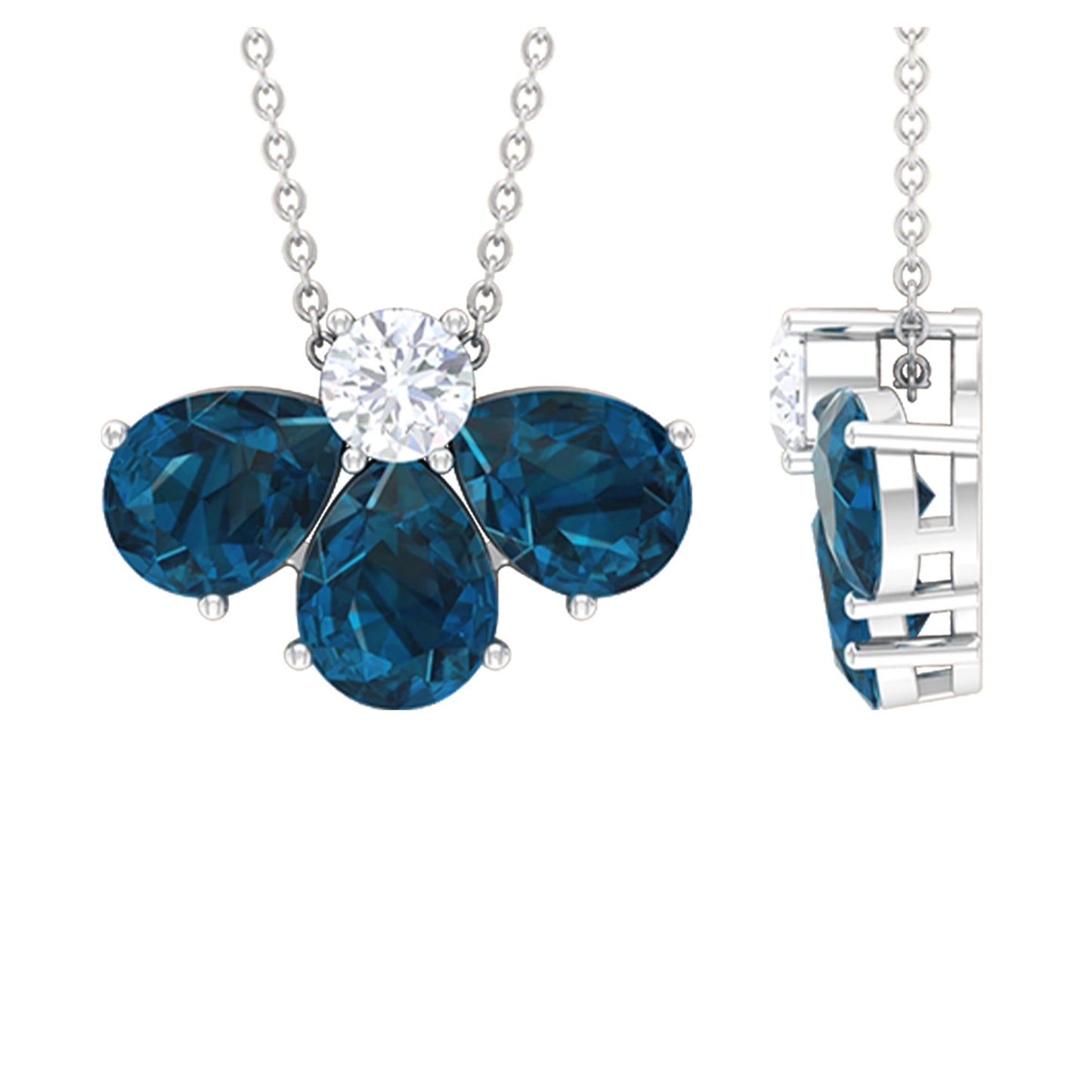 Real Pear Cut London Blue Topaz Flower Necklace