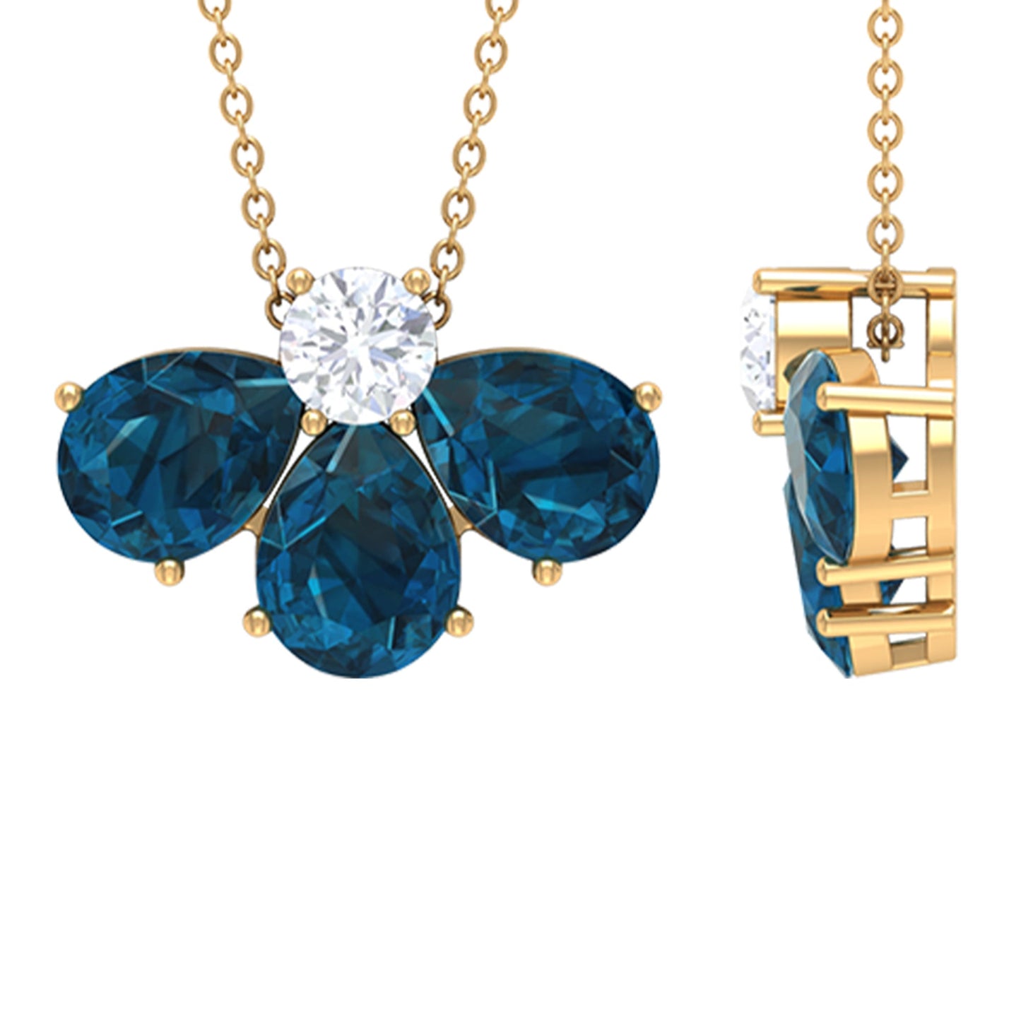 Real Pear Cut London Blue Topaz Flower Necklace