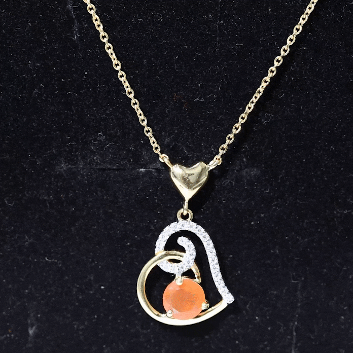 0.75 Carat Round Fire Opal and Diamond Heart Pendant Necklace