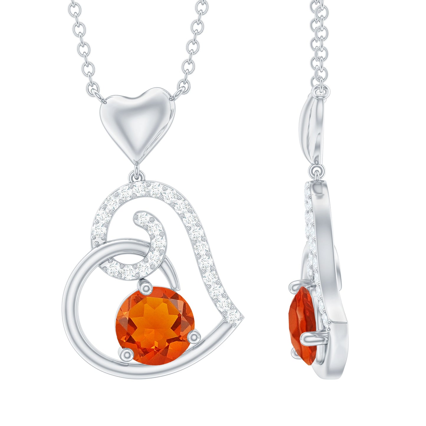 0.75 Carat Round Fire Opal and Diamond Heart Pendant Necklace