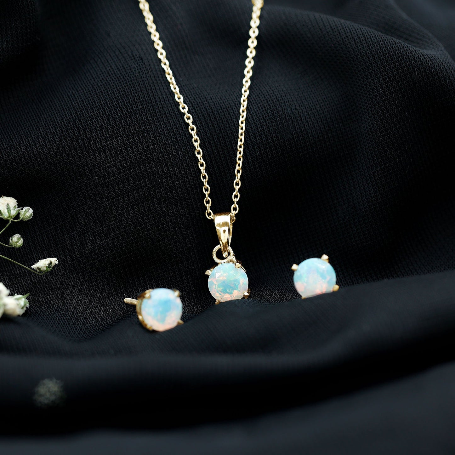 6MM Round Cut Ethiopian Opal Solitaire Jewelry Set