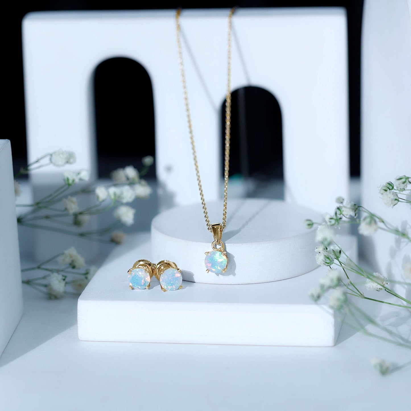 6MM Round Cut Ethiopian Opal Solitaire Jewelry Set