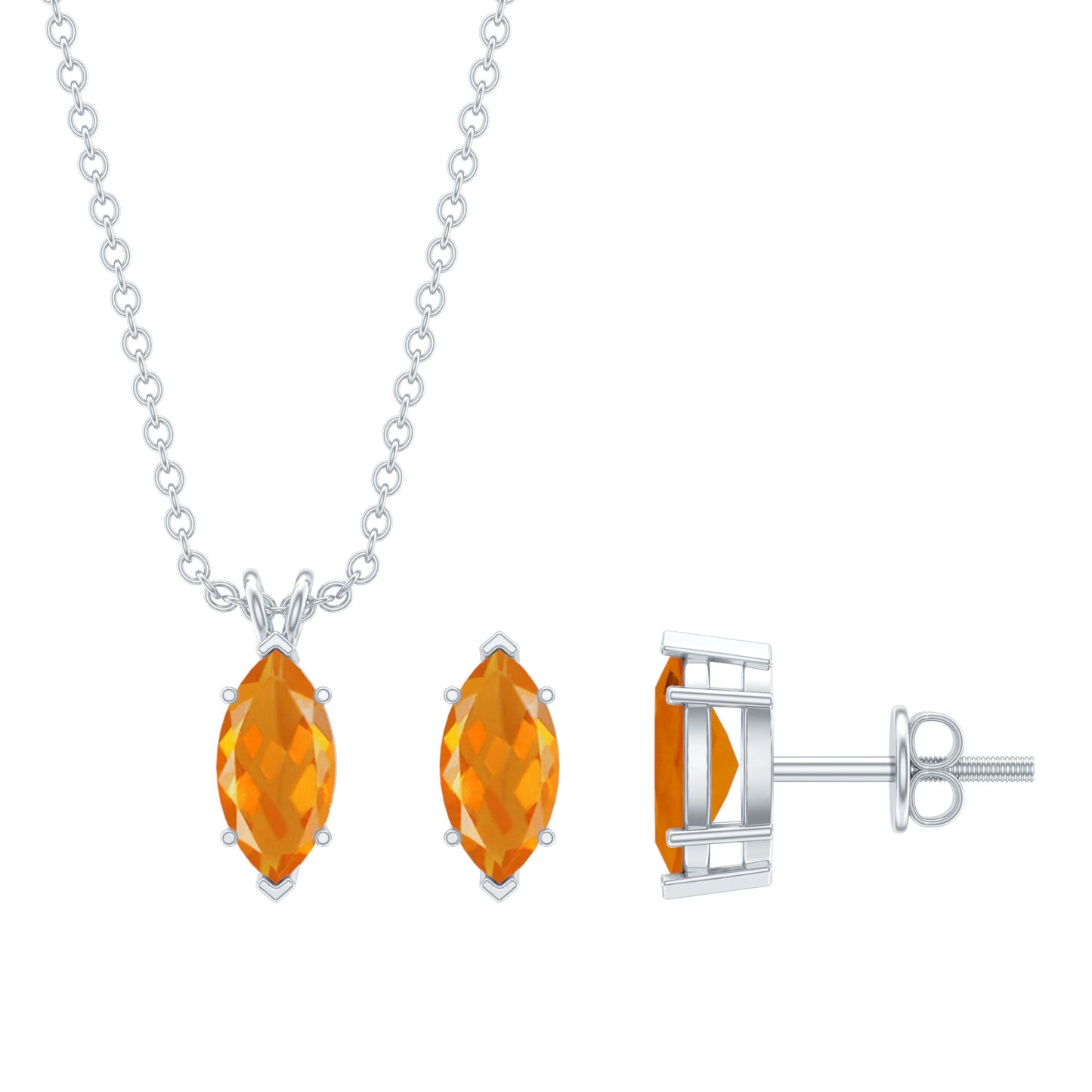 Genuine Marquise Cut Fire Opal Solitaire Necklace and Earring Set