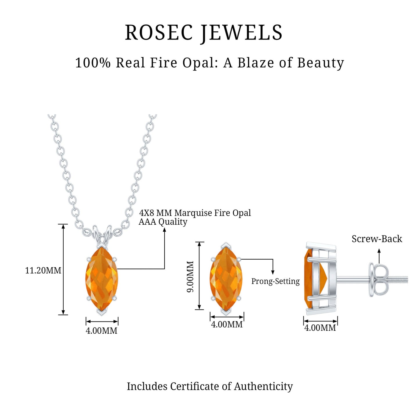 Genuine Marquise Cut Fire Opal Solitaire Necklace and Earring Set