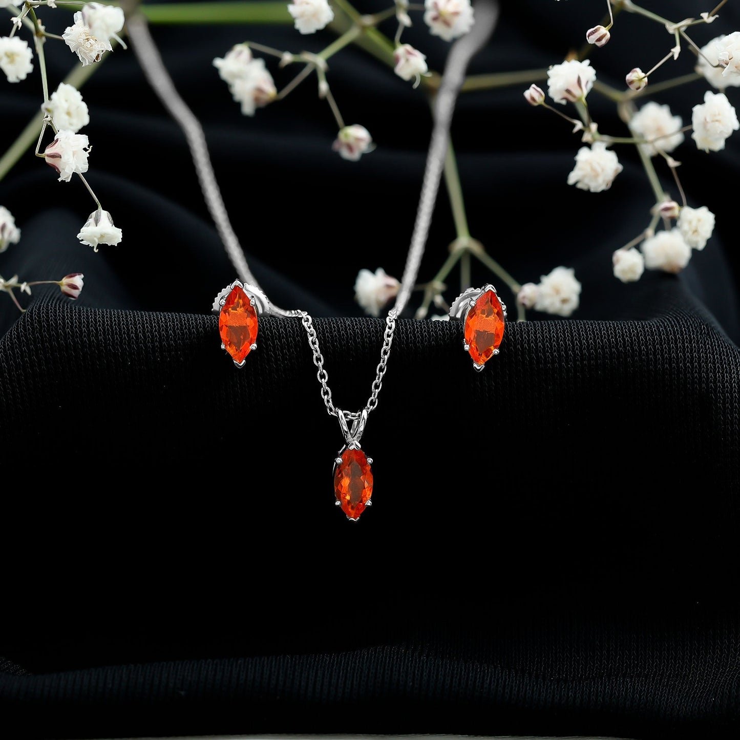 Genuine Marquise Cut Fire Opal Solitaire Necklace and Earring Set