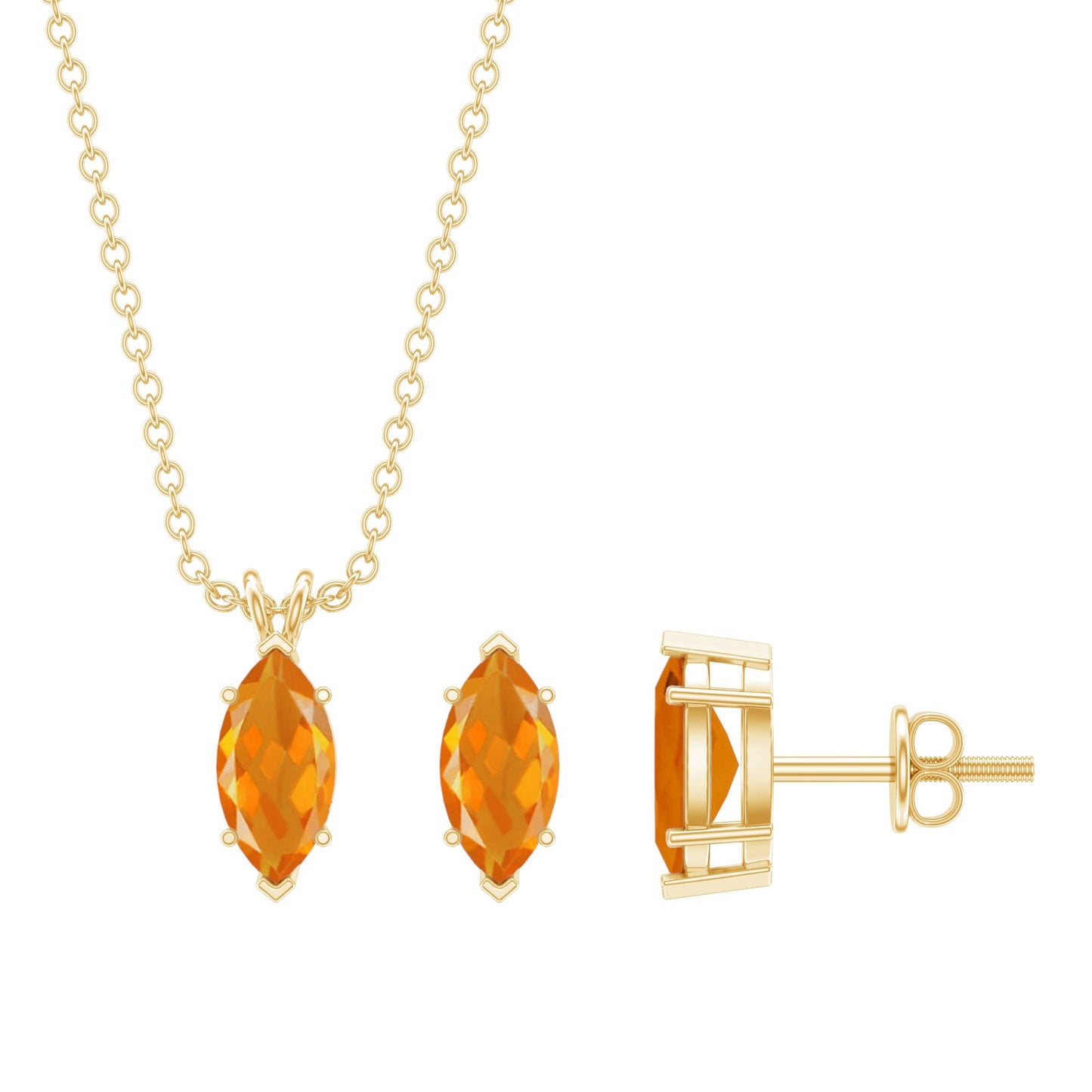 Genuine Marquise Cut Fire Opal Solitaire Necklace and Earring Set