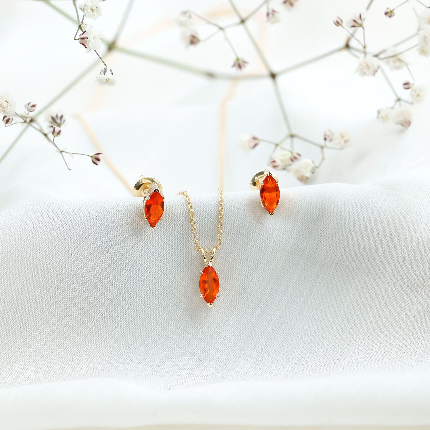 Genuine Marquise Cut Fire Opal Solitaire Necklace and Earring Set