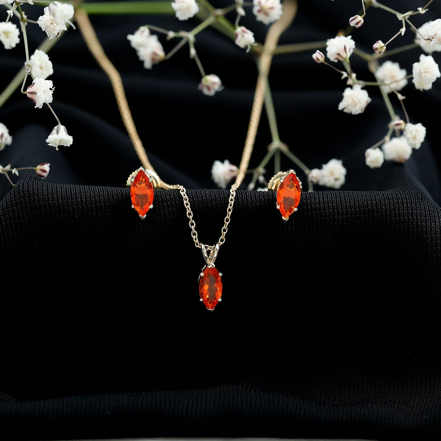 Genuine Marquise Cut Fire Opal Solitaire Necklace and Earring Set