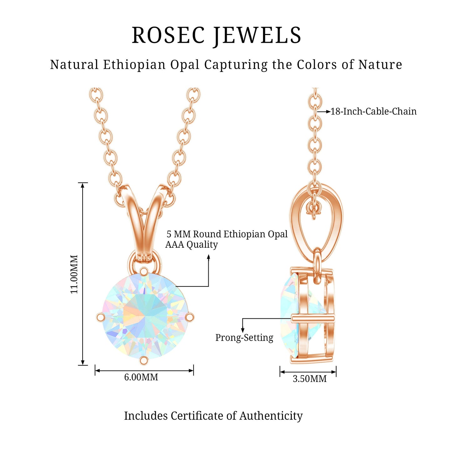 1/2 CT Round Cut Ethiopian Opal Solitaire Pendant