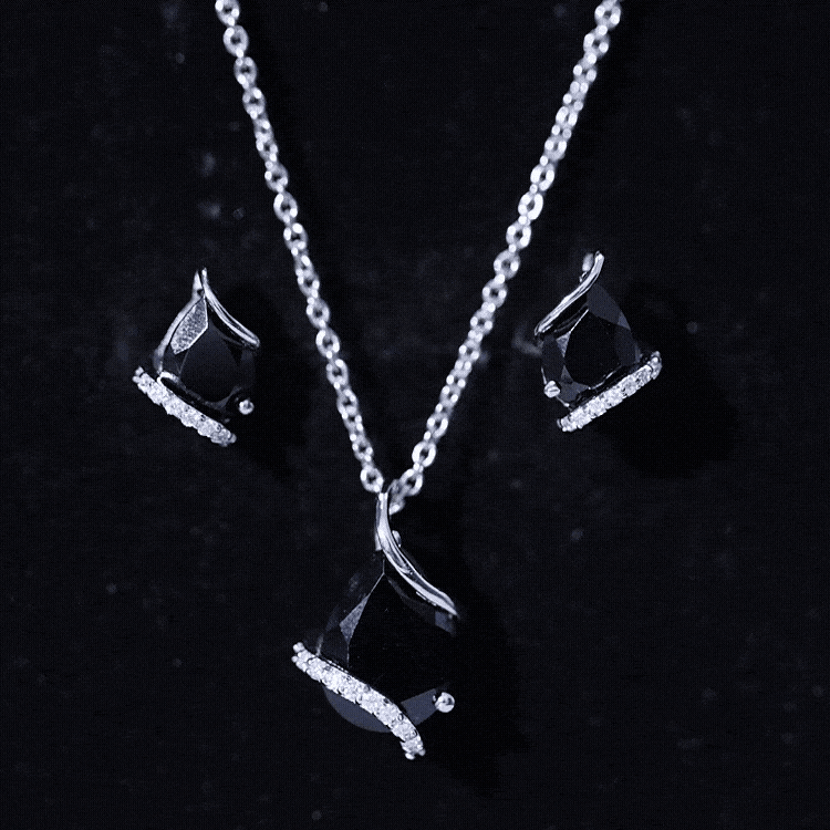 Pear Shaped Black Spinel and Moissanite Teardrop Necklace Earrings Set