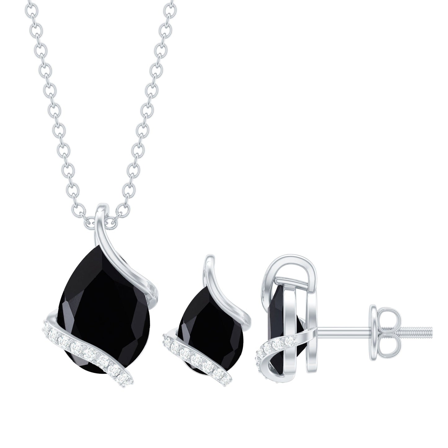 Pear Shaped Black Spinel and Moissanite Teardrop Necklace Earrings Set