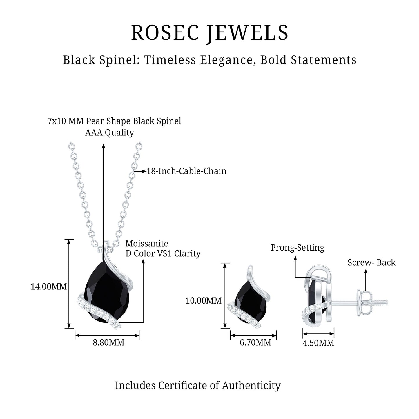 Pear Shaped Black Spinel and Moissanite Teardrop Necklace Earrings Set