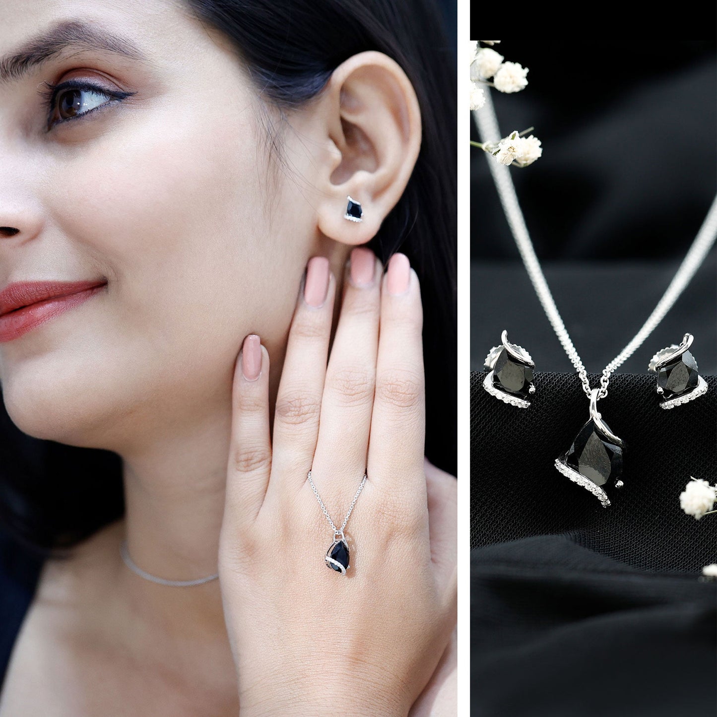 Pear Shaped Black Spinel and Moissanite Teardrop Necklace Earrings Set