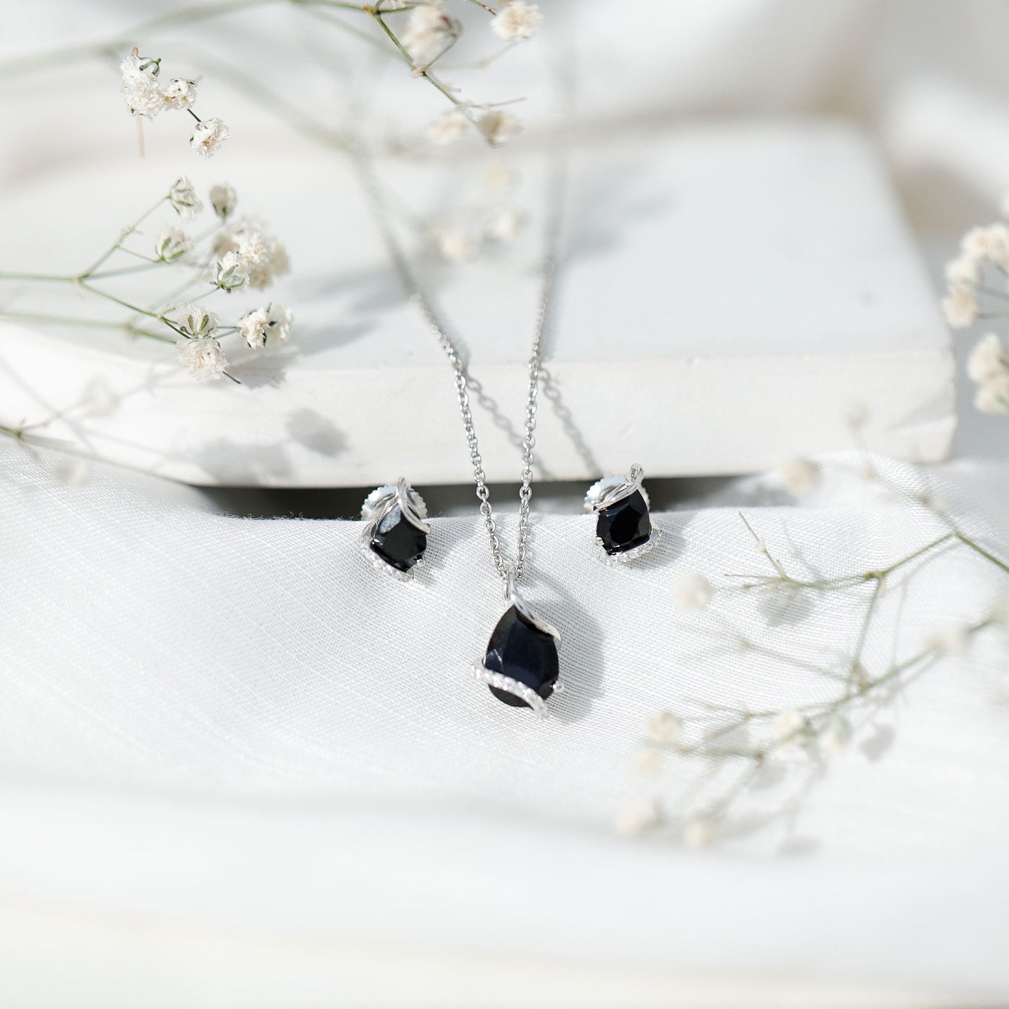 Pear Shaped Black Spinel and Moissanite Teardrop Necklace Earrings Set
