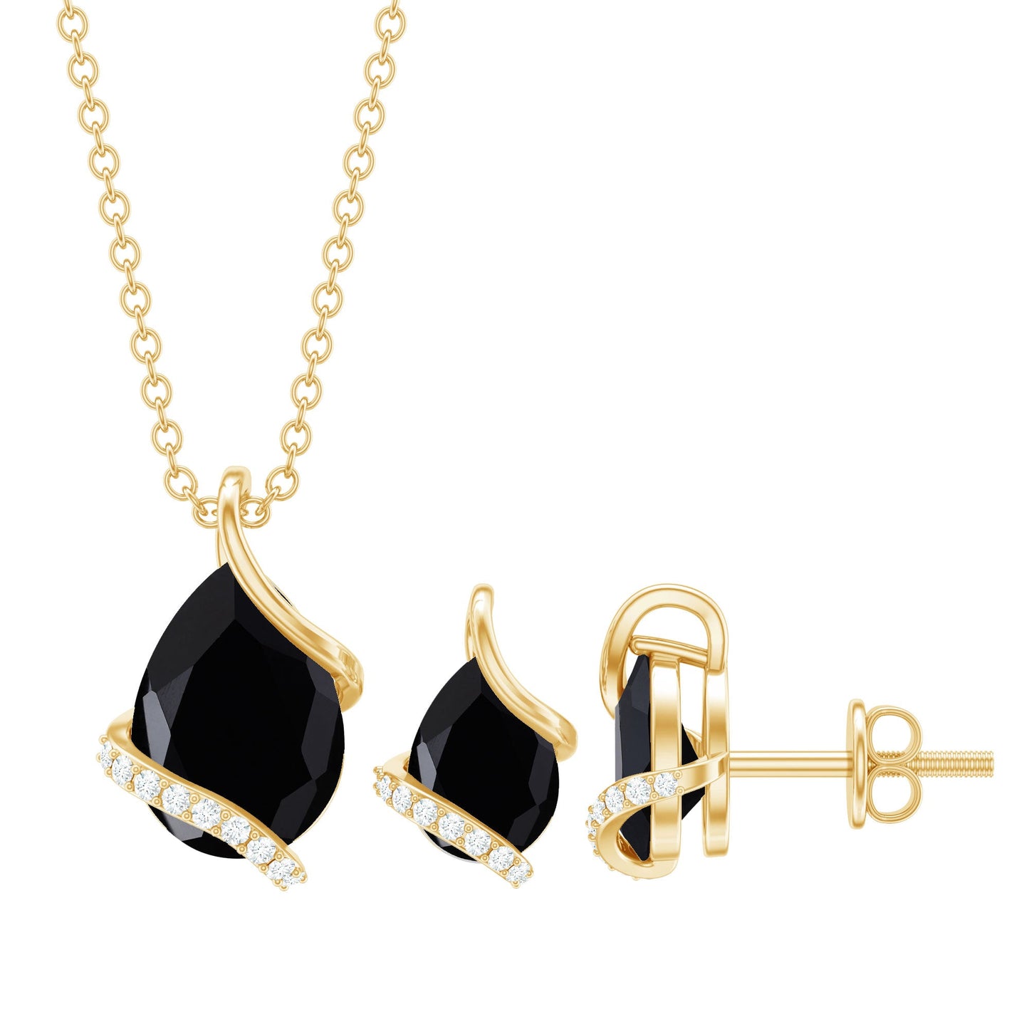 Pear Shaped Black Spinel and Moissanite Teardrop Necklace Earrings Set