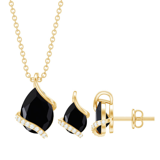 Pear Shaped Black Spinel and Moissanite Teardrop Necklace Earrings Set