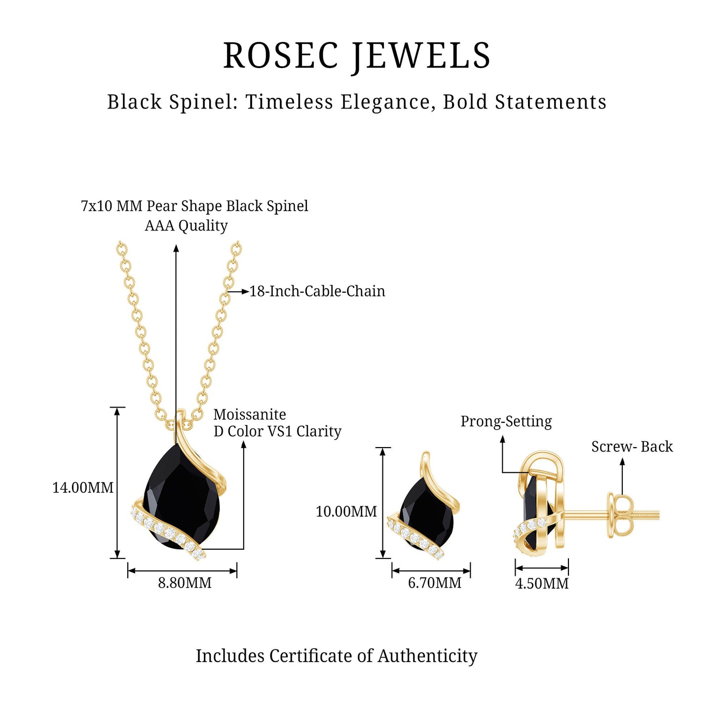 Pear Shaped Black Spinel and Moissanite Teardrop Necklace Earrings Set