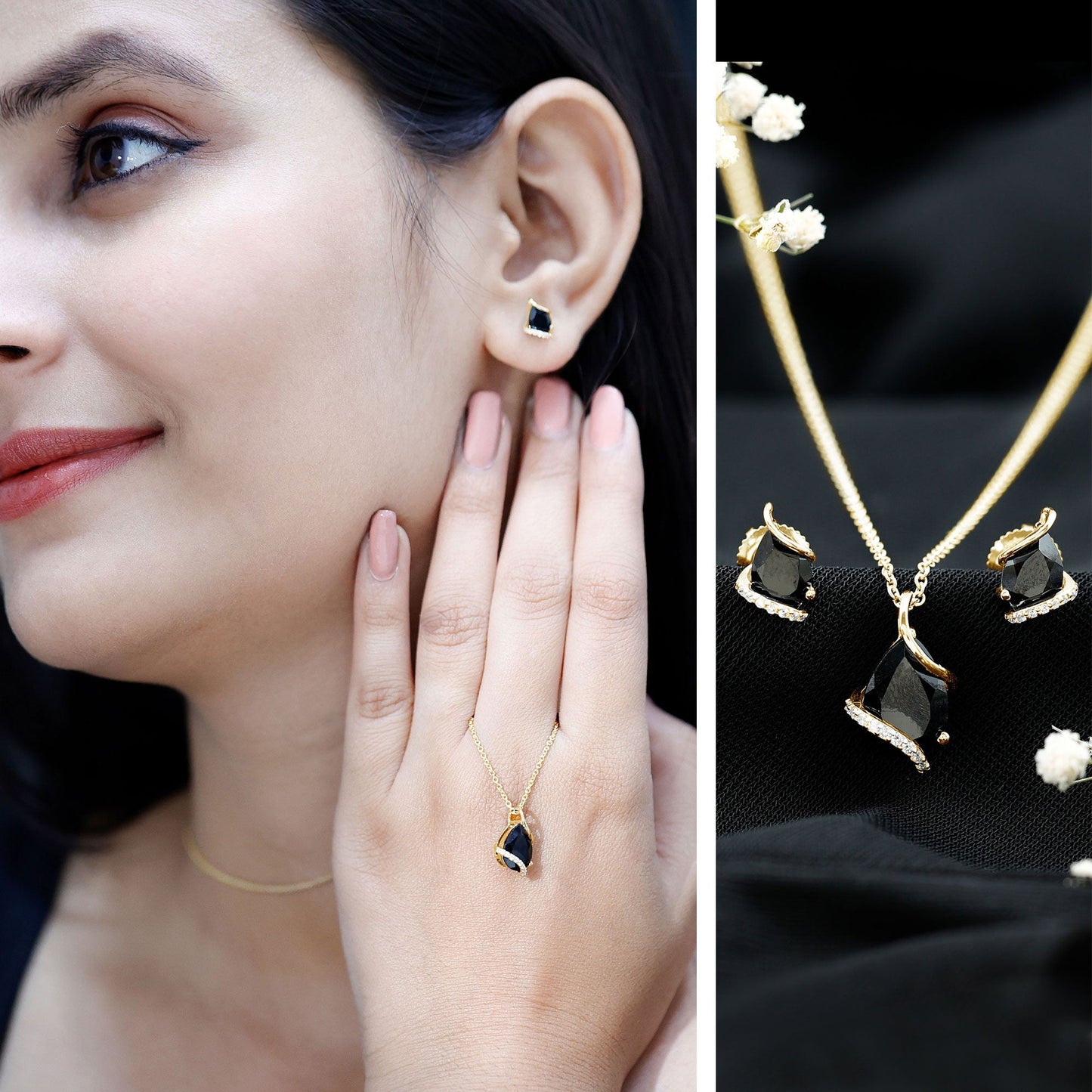 Pear Shaped Black Spinel and Moissanite Teardrop Necklace Earrings Set