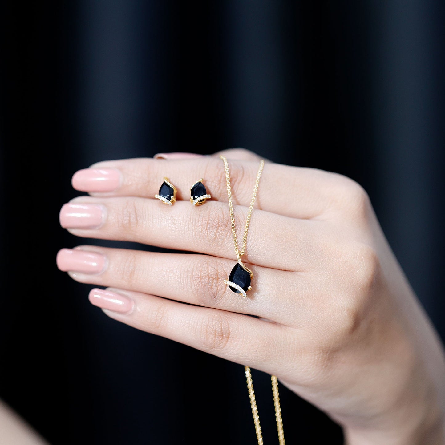 Pear Shaped Black Spinel and Moissanite Teardrop Necklace Earrings Set