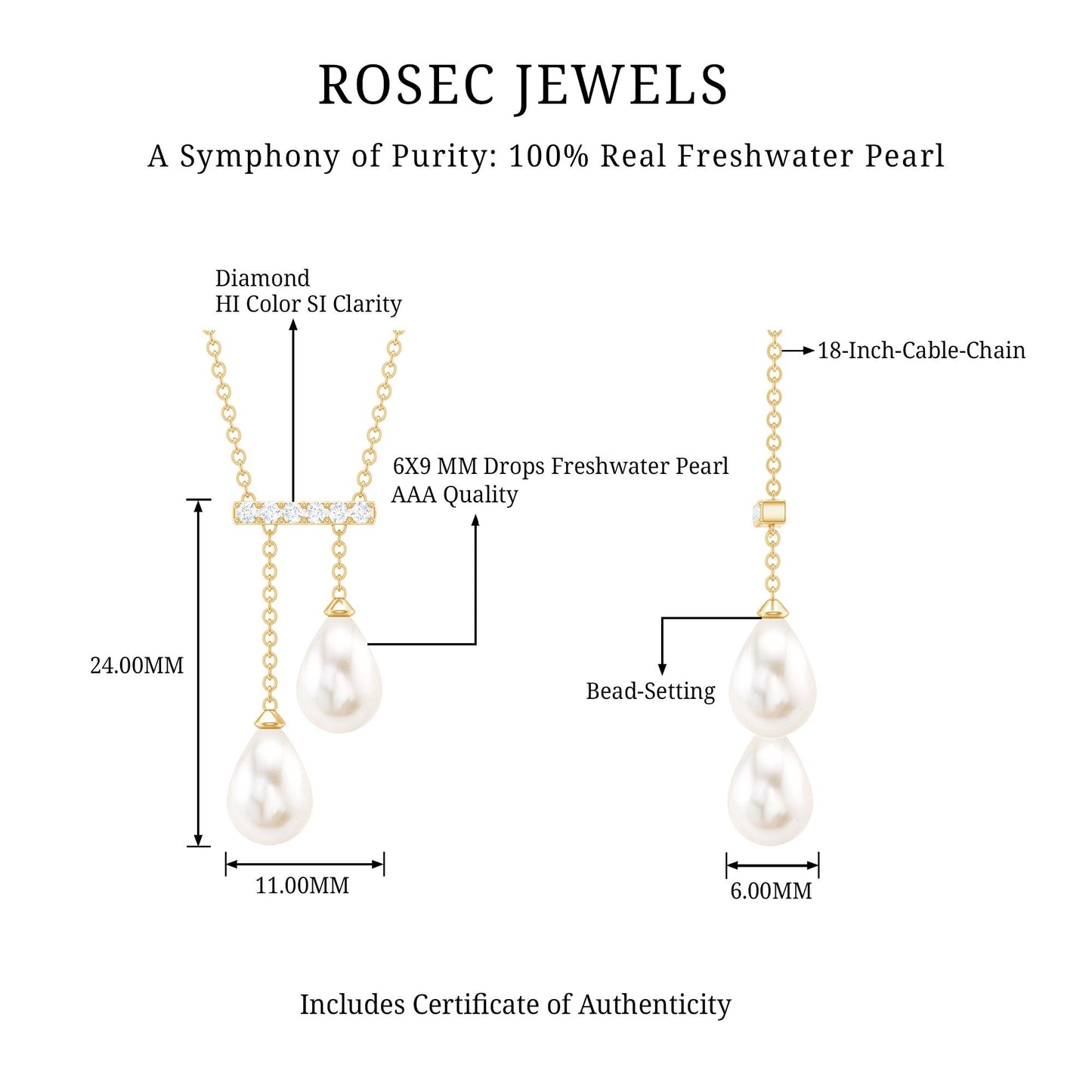 Genuine Freshwater Pearl and Diamond Bar Drop Necklace with Certificate