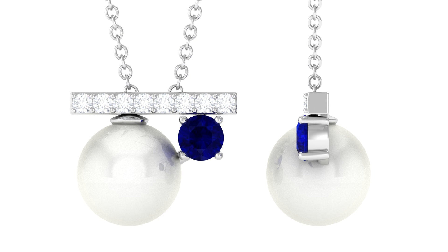 Round Freshwater Pearl and Blue Sapphire Estate Necklace with Moissanite