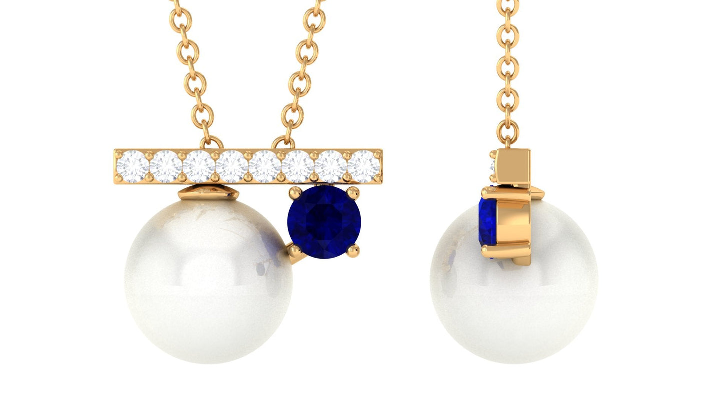 Round Freshwater Pearl and Blue Sapphire Estate Necklace with Moissanite