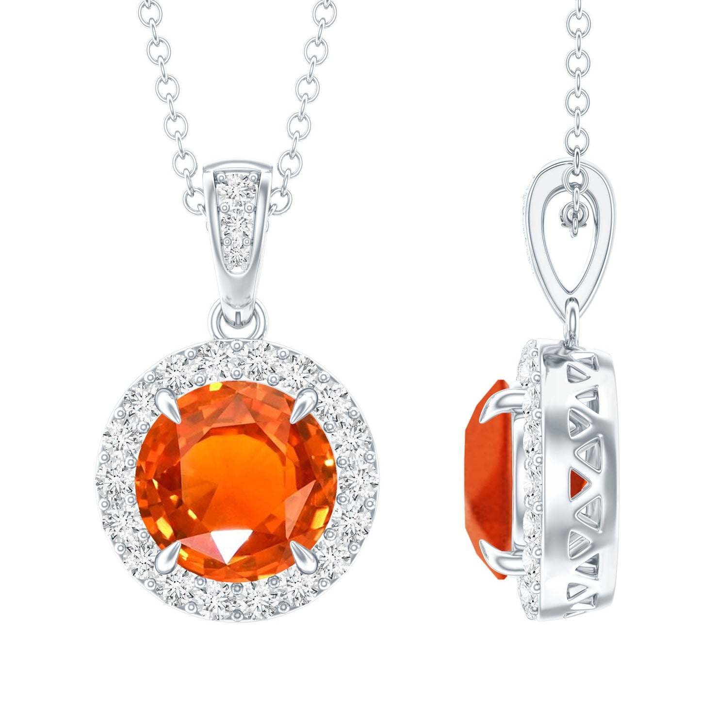 Created Orange Sapphire Pendant Necklace with Diamond Halo