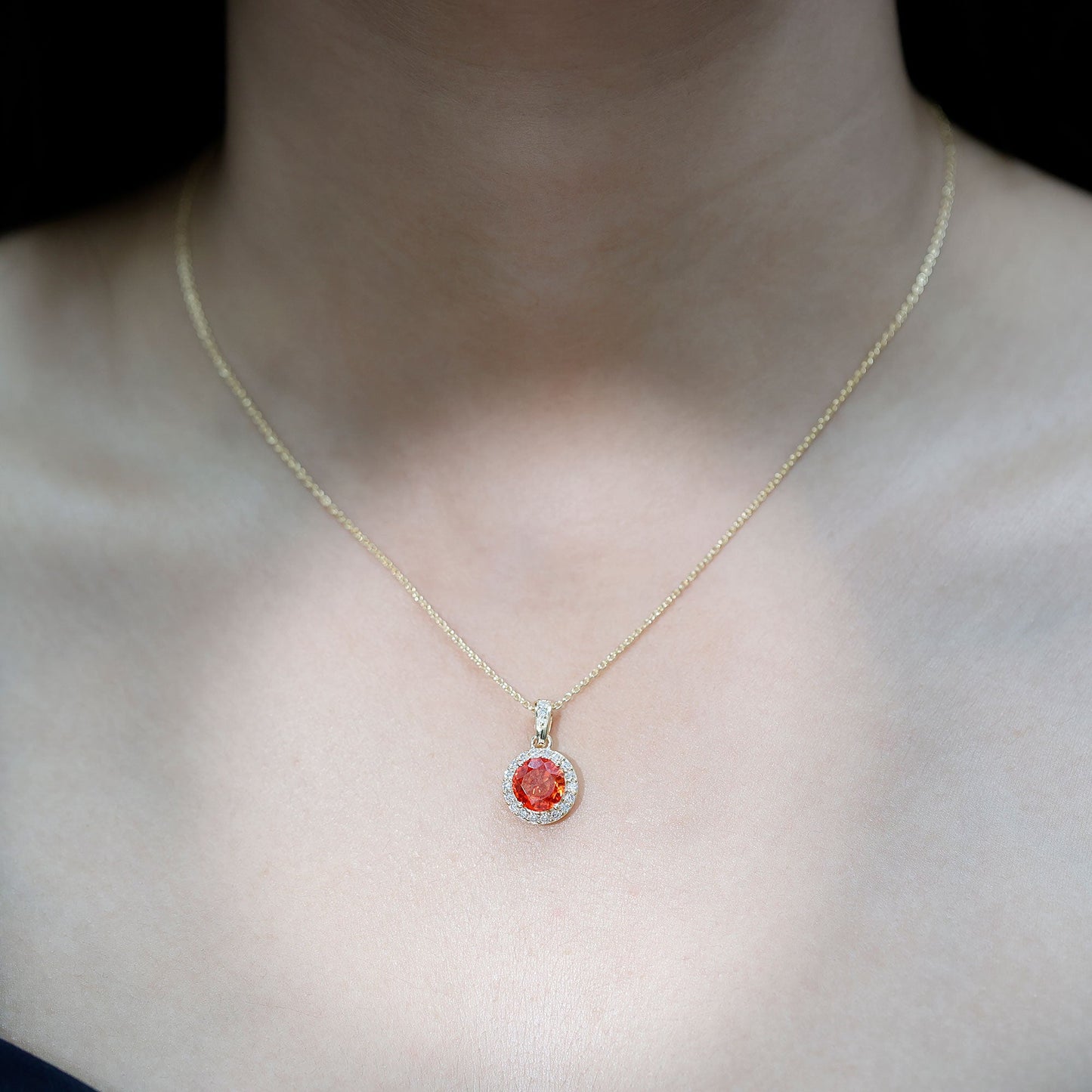 Created Orange Sapphire Pendant Necklace with Diamond Halo