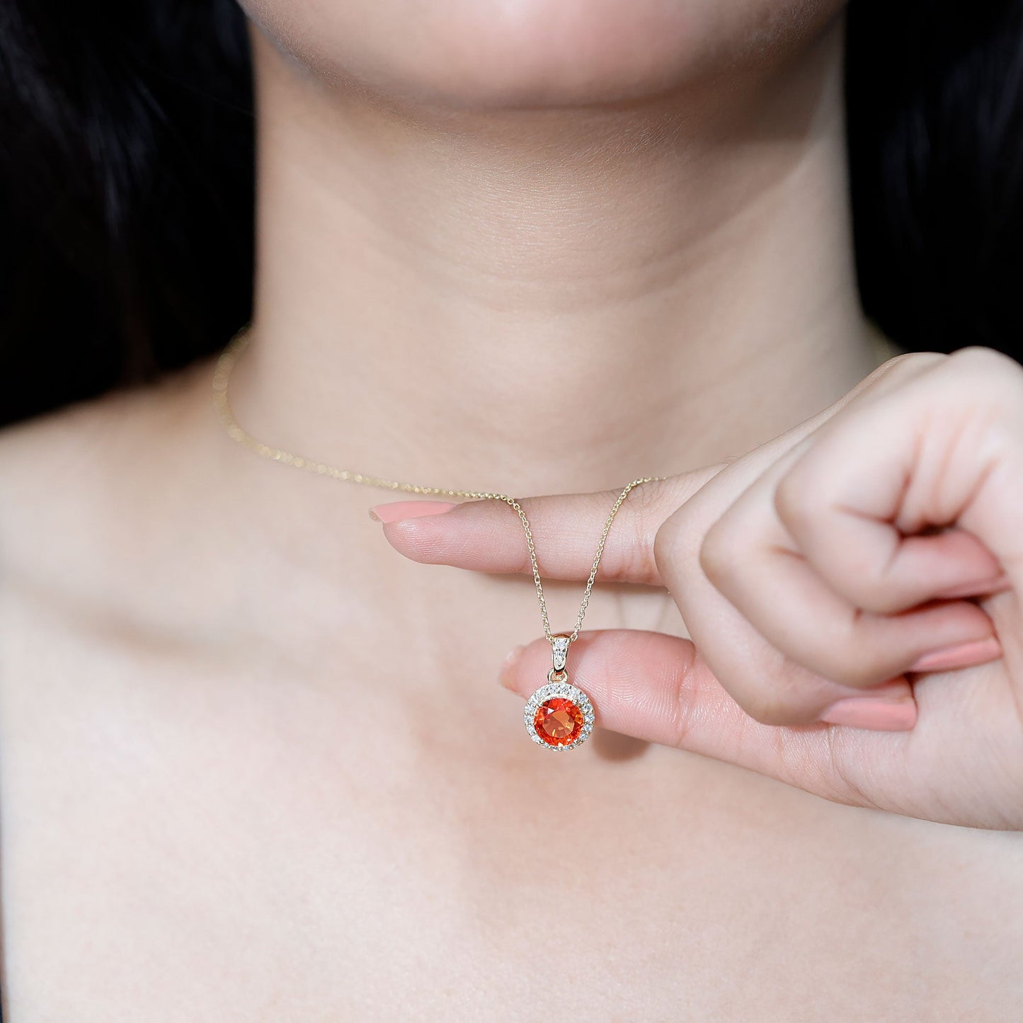 Created Orange Sapphire Pendant Necklace with Diamond Halo