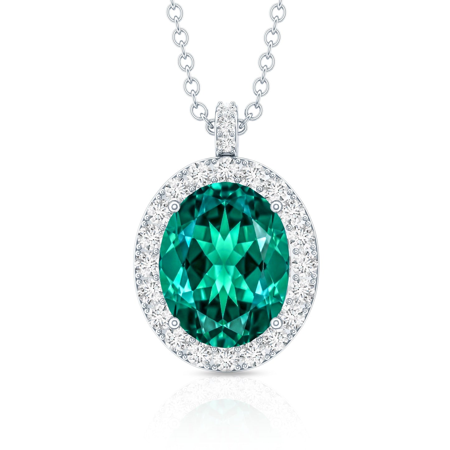3 Carat Oval Lab Created Emerald Pendant with Diamond Halo
