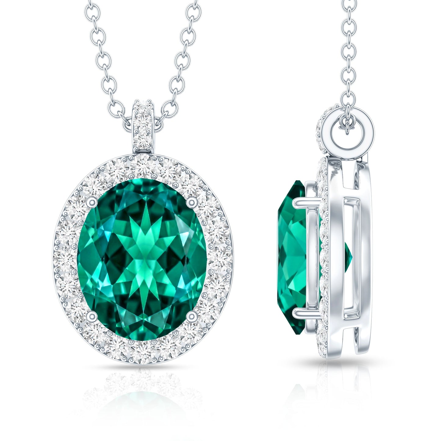 3 Carat Oval Lab Created Emerald Pendant with Diamond Halo