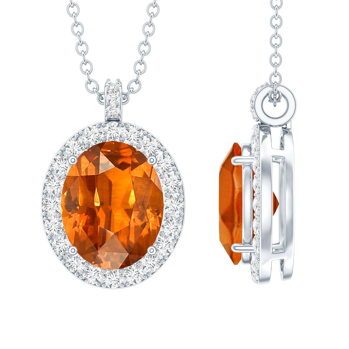 Oval Created Orange Sapphire and Diamond Halo Pendant