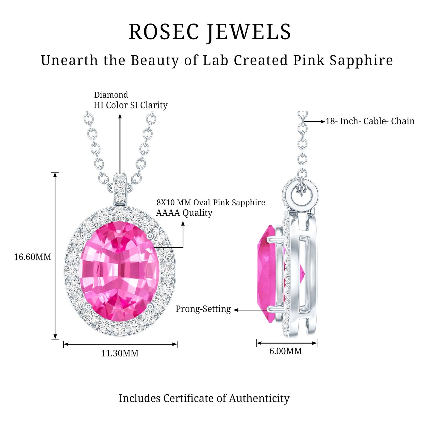 4 Carat Oval Lab Created Pink Sapphire Necklace with Diamonds