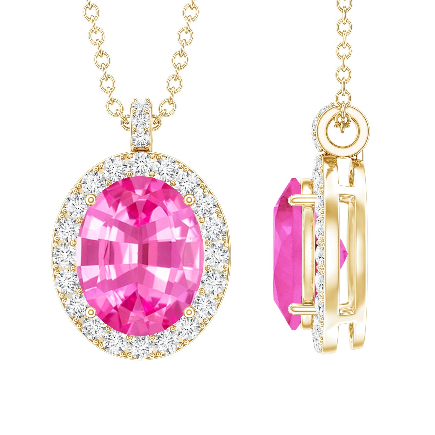 4 Carat Oval Lab Created Pink Sapphire Necklace with Diamonds