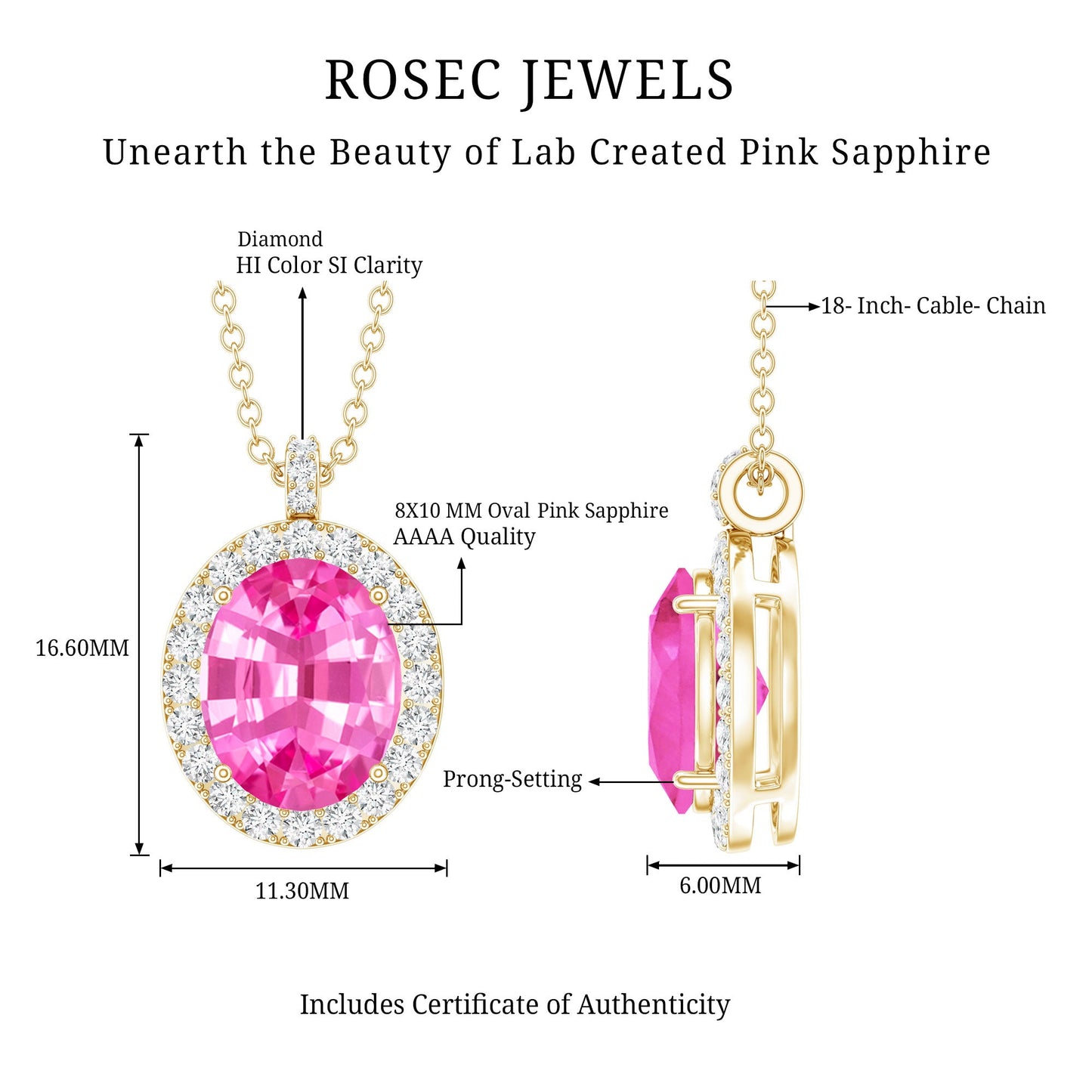 4 Carat Oval Lab Created Pink Sapphire Necklace with Diamonds