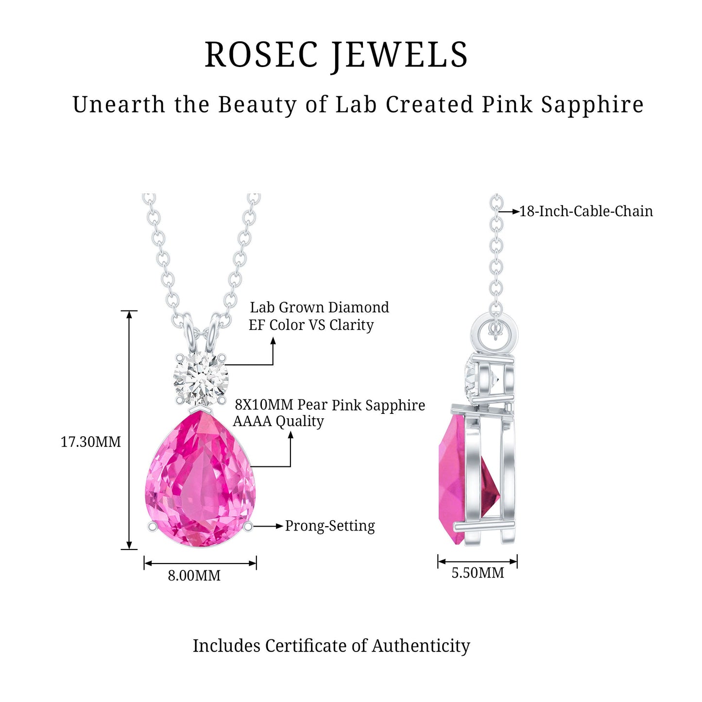 3.3 Carat Lab Grown Pink Sapphire and Diamond Teardrop Necklace