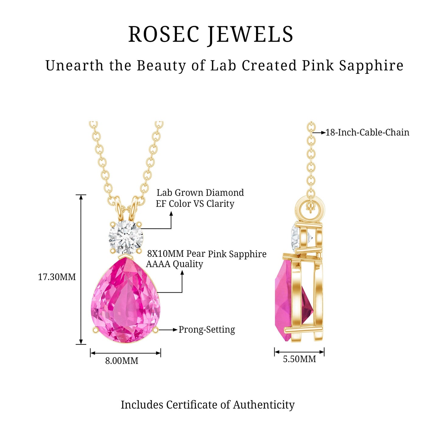 3.3 Carat Lab Grown Pink Sapphire and Diamond Teardrop Necklace
