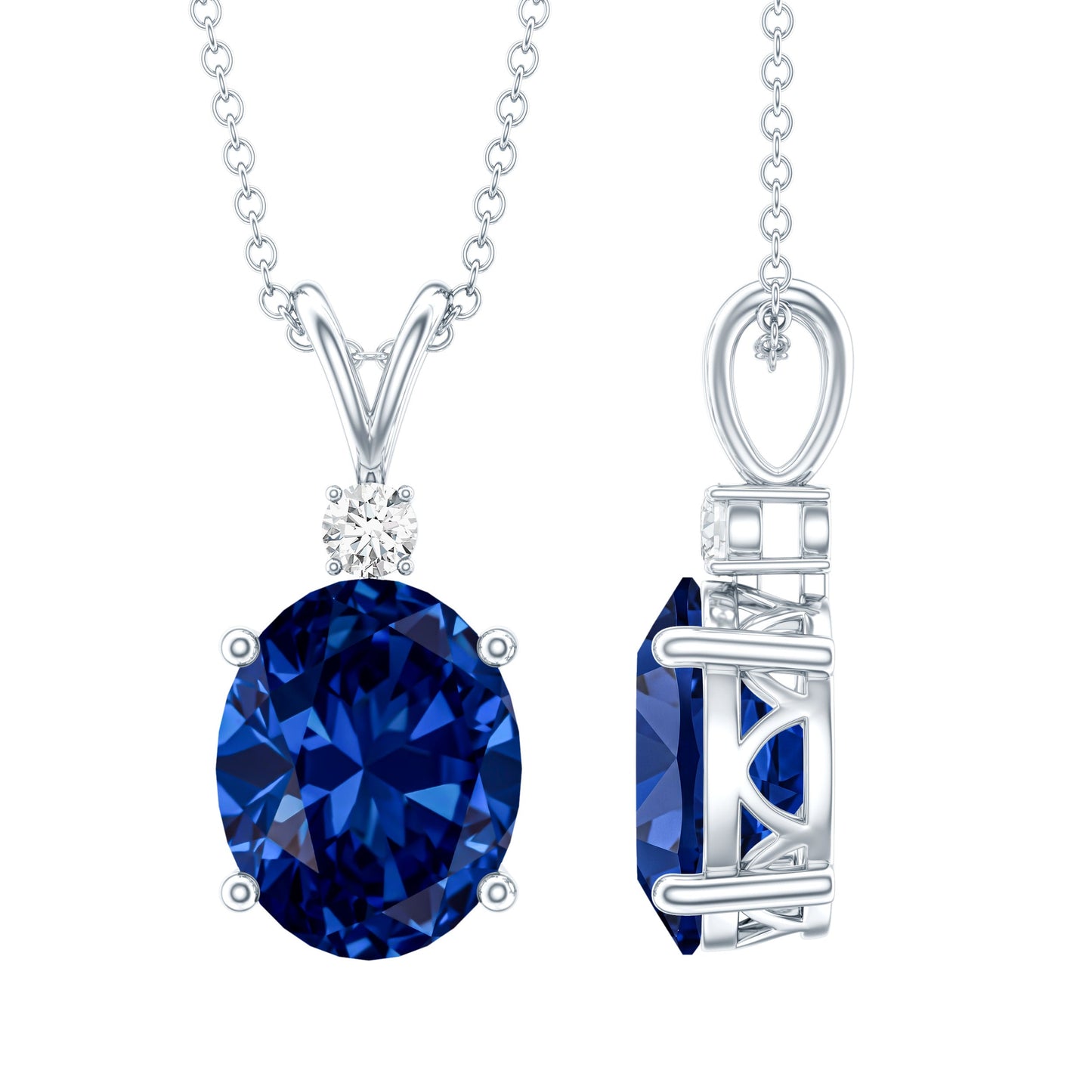 Certified Oval Lab Created Blue Sapphire Necklace with Chain