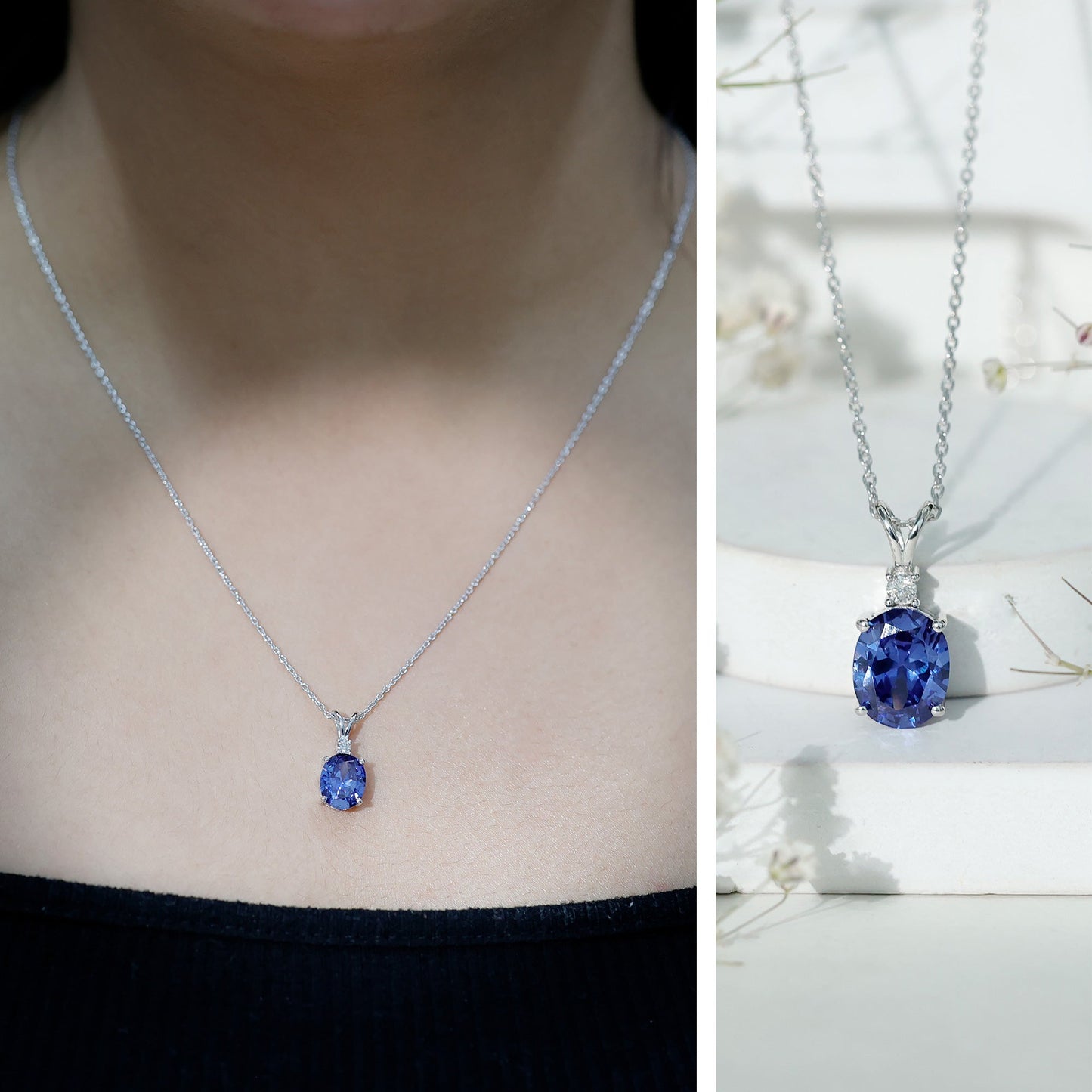 Certified Oval Lab Created Blue Sapphire Necklace with Chain